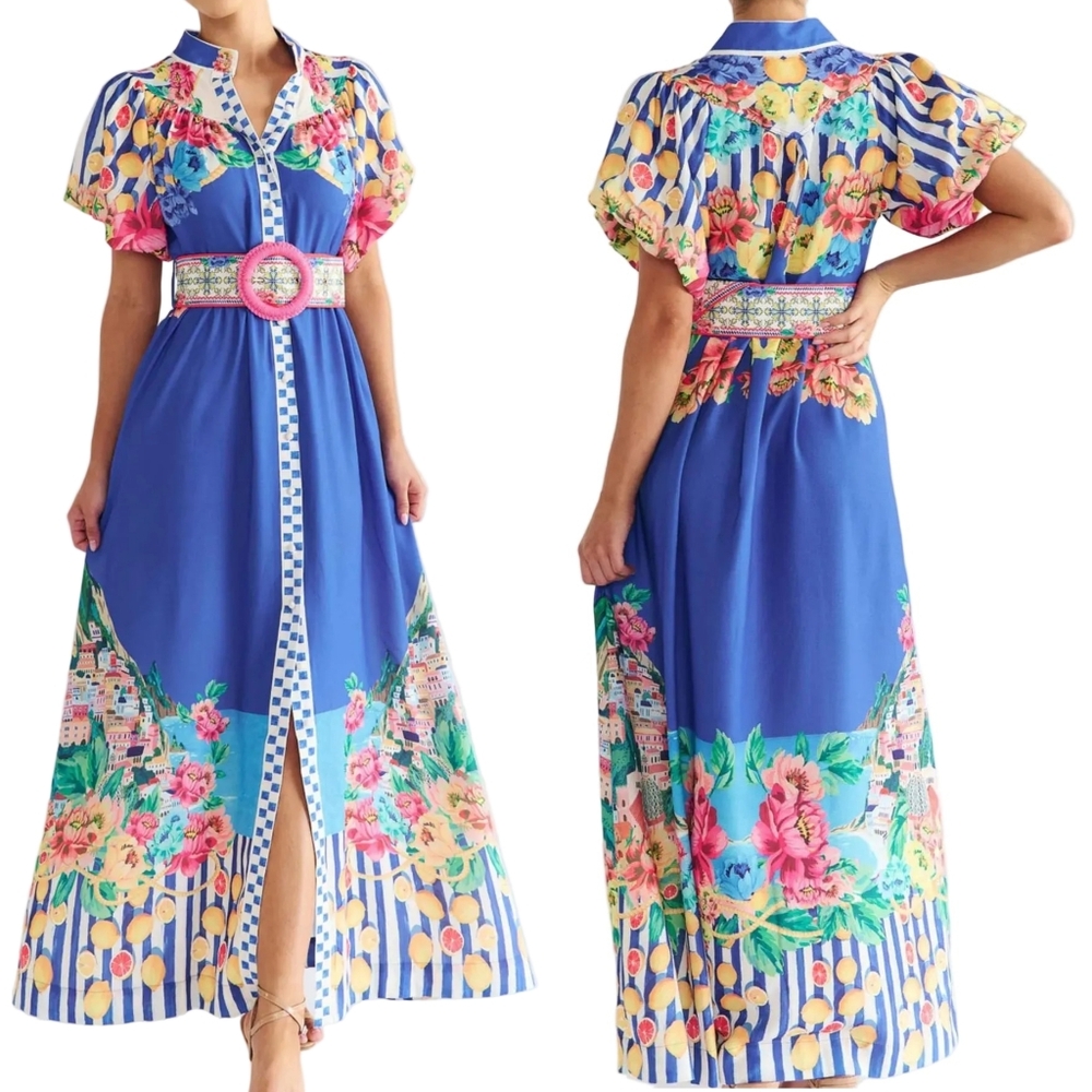 Garden Floral Button-Up Mock Neck Puff Sleeve Wide Belt Slit Front Maxi Dress - Picture 4 of 16